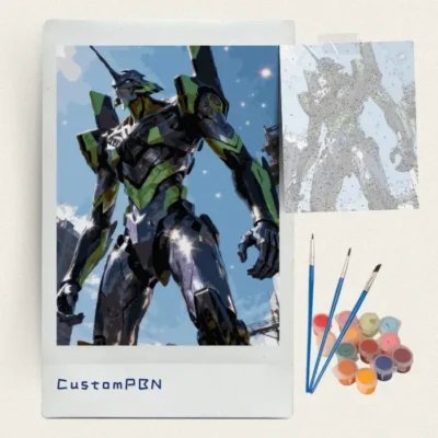 Giant mecha robot paint by numbers kit with canvas, three brushes, paints and reference sheet