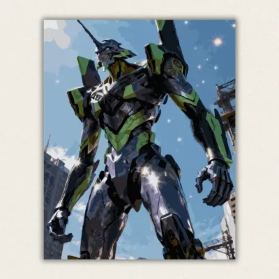 Giant humanoid mecha robot in purple and green armour standing over a city paint by numbers finished canvas