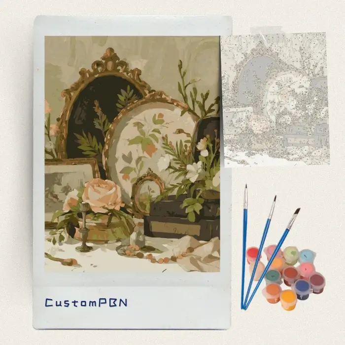 Gilded frames and roses paint by numbers kit with brushes, paints and canvas