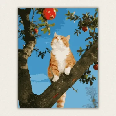 Ginger and white cat sitting in a pomegranate tree looking up at the fruit paint by numbers finished canvas