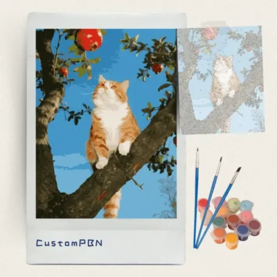 Ginger cat in a pomegranate tree paint by numbers kit with canvas, three brushes, paints and reference sheet