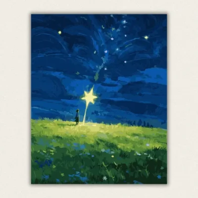Girl under a starry night sky watching a giant shooting star over a wildflower meadow paint by numbers finished canvas