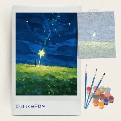 Girl shooting star paint by numbers kit with pre-printed canvas, three brushes, paint pots and reference sheet