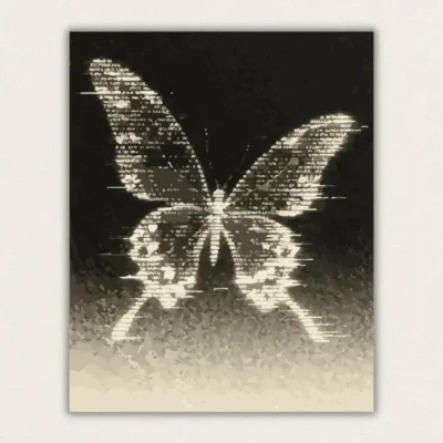 Butterfly formed from glowing book text and scan lines on a dark background paint by numbers finished canvas