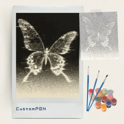 Glitch art butterfly paint by numbers kit with canvas, three brushes, paints and reference sheet