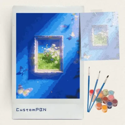 Glowing frame portal paint by numbers kit with canvas, three brushes, paints and reference sheet