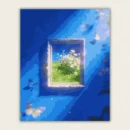 Ornate golden picture frame floating in blue space revealing a sunlit flower meadow paint by numbers finished canvas