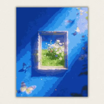 Ornate golden picture frame floating in blue space revealing a sunlit flower meadow paint by numbers finished canvas