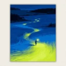 Figure holding a glowing orb on a luminous yellow green path through a deep blue night field paint by numbers finished canvas