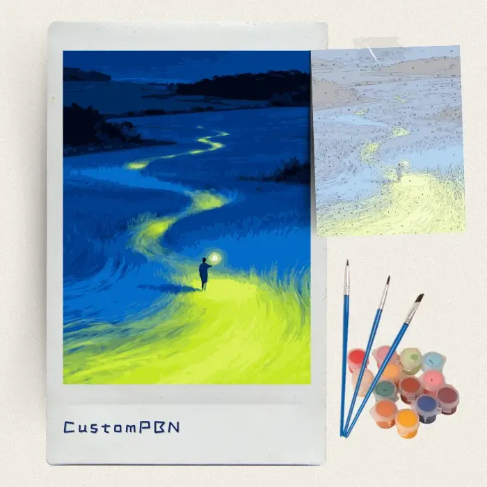 Glowing path night field paint by numbers kit with canvas, three brushes, paints and reference sheet