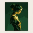 Elegant woman silhouette in flowing gold and emerald green paint by numbers finished canvas