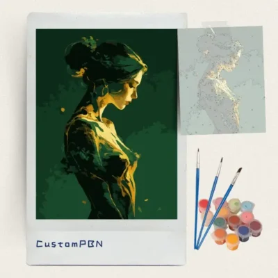 Gold and emerald woman silhouette paint by numbers kit with canvas, three brushes, paints and reference sheet