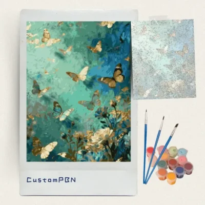 Gold leaf butterfly paint by numbers kit with canvas, three brushes, paints and reference sheet
