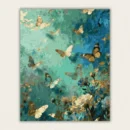 Gold leaf butterflies over a teal and blue textured abstract background paint by numbers finished canvas