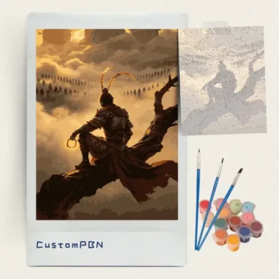 Golden armour warrior paint by numbers kit with canvas, three brushes, paints and reference sheet