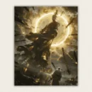 Colossal golden robed deity with a halo above a tiny swordsman in a cloud filled sky paint by numbers finished canvas