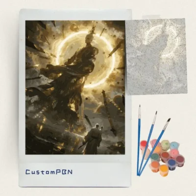 Golden deity and swordsman paint by numbers kit with canvas, three brushes, paints and reference sheet