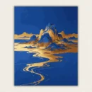 Golden sand like mountains rising from a deep blue plain with a winding golden river paint by numbers finished canvas