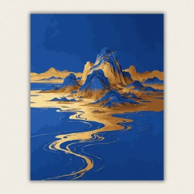 Golden sand like mountains rising from a deep blue plain with a winding golden river paint by numbers finished canvas