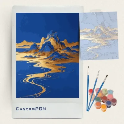 Golden mountain landscape paint by numbers kit with canvas, three brushes, paints and reference sheet