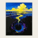 Golden glowing river flowing from a sunset into a dark vortex paint by numbers finished canvas