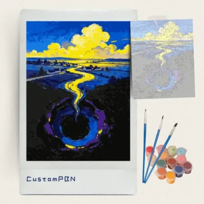 Golden river and vortex paint by numbers kit with canvas, three brushes, paints and reference sheet