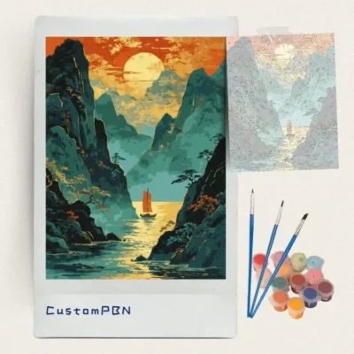 Golden sun and teal mountains paint by numbers kit with canvas, three brushes, paints and reference sheet