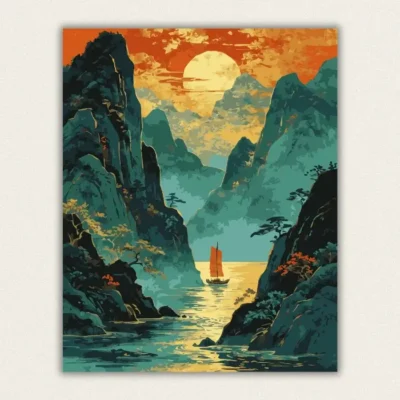 Golden sun over teal mountains with a red sailed boat on a gilded sea paint by numbers finished canvas