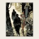 Comic style clown and hooded figure walking through an alley of skulls paint by numbers finished canvas