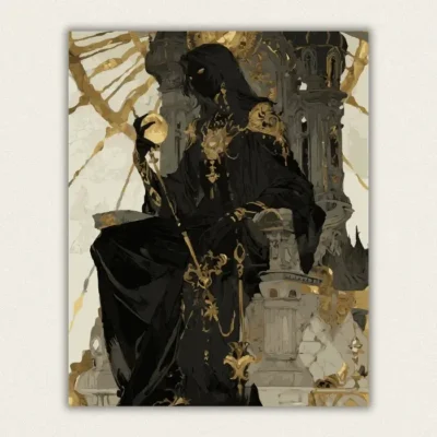 Gothic figure in a black robe covered in gold jewellery beside a stone throne paint by numbers finished canvas