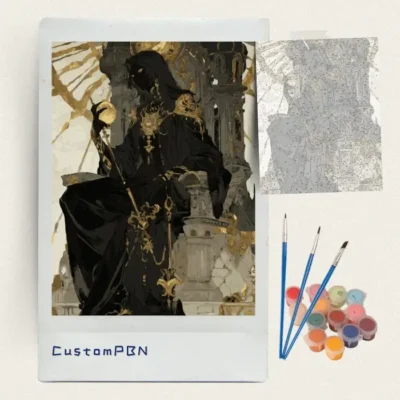 Gothic veiled figure paint by numbers kit with canvas, three brushes, paints and reference sheet