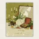 Gouache still life on an olive green ground with a candelabra a vase of branches and an open red case paint by numbers finished canvas