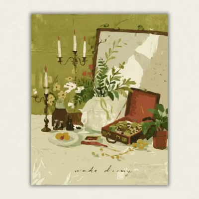 Gouache still life on an olive green ground with a candelabra a vase of branches and an open red case paint by numbers finished canvas