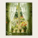 Green embroidered lace curtains at a window looking out onto a bright summer flower garden paint by numbers finished canvas