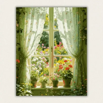 Green embroidered lace curtains at a window looking out onto a bright summer flower garden paint by numbers finished canvas