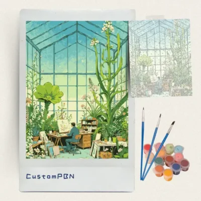 Greenhouse painter paint by numbers kit with canvas, three brushes, paints and reference sheet