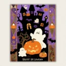 Cartoon Halloween haunted house with cute ghosts and jack o lantern paint by numbers finished canvas