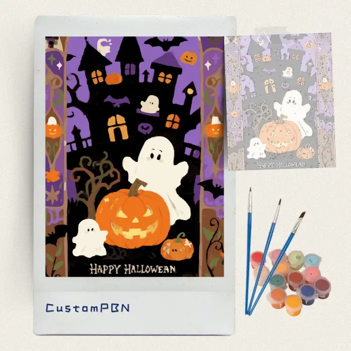 Halloween haunted house paint by numbers kit with canvas, three brushes, paints and reference sheet