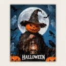 Halloween pumpkin head scarecrow with a lantern under a full moon paint by numbers finished canvas