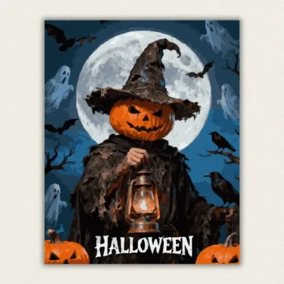 Halloween pumpkin head scarecrow with a lantern under a full moon paint by numbers finished canvas