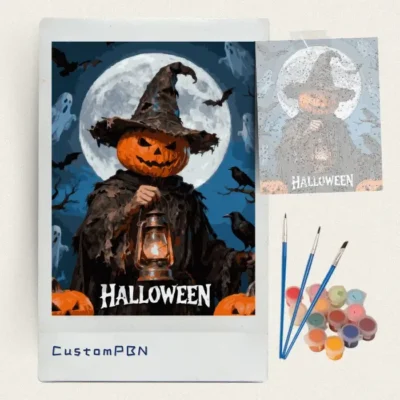 Pumpkin scarecrow paint by numbers kit with canvas, three brushes, paints and reference sheet