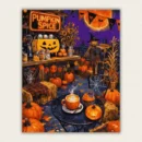 Halloween pumpkin spice coffee terrace with neon sign and scarecrow paint by numbers finished canvas
