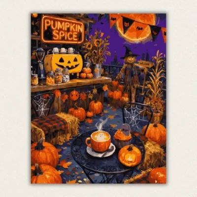 Halloween pumpkin spice coffee terrace with neon sign and scarecrow paint by numbers finished canvas