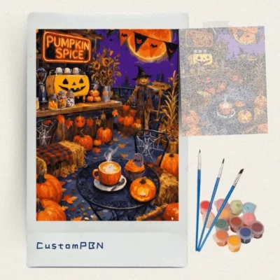 Pumpkin spice Halloween terrace paint by numbers kit with canvas, three brushes, paints and reference sheet