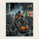 Halloween street parade with a masked crowd and a pumpkin covered float paint by numbers finished canvas