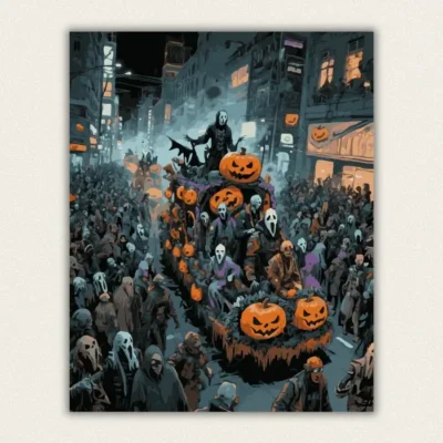 Halloween street parade with a masked crowd and a pumpkin covered float paint by numbers finished canvas