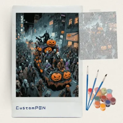 Halloween street parade paint by numbers kit with canvas, three brushes, paints and reference sheet