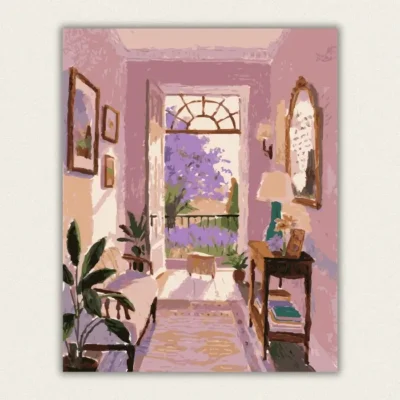 Pink hallway opening onto a lilac garden paint by numbers finished canvas