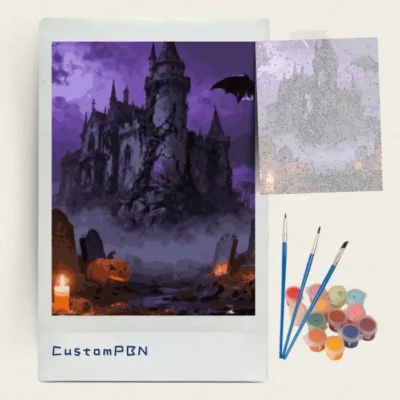 Haunted castle graveyard paint by numbers kit with canvas, three brushes, paints and reference sheet