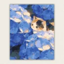 Calico kitten hidden among blue hydrangea paint by numbers finished canvas